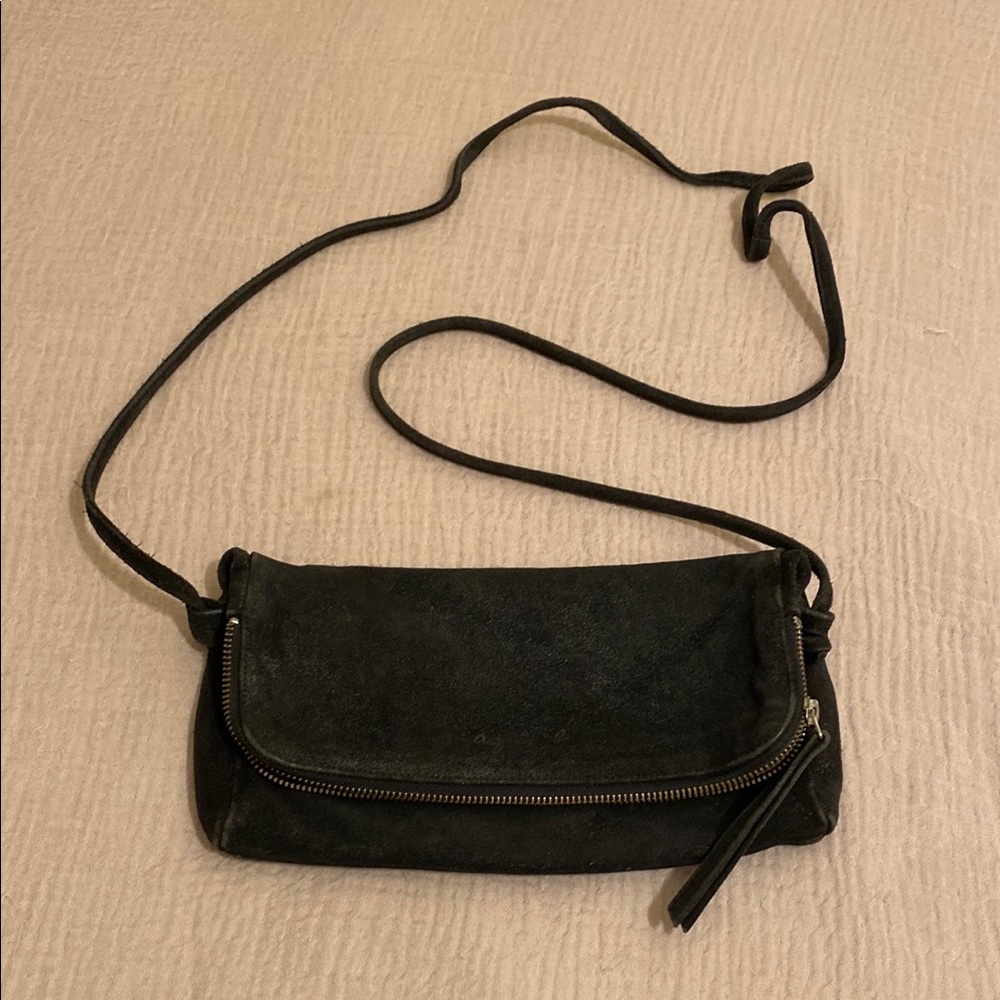 Agnes B. Black Suede Crossbody Bag with Zip Detail